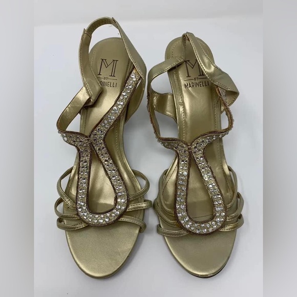 M By MARINELLI Shoes Jeweled Gold Heels Size 8.5 - Picture 2 of 9